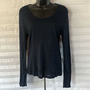 Dana Buchman Women’s Blouse Sheer Navy Blue Silver Specks Dressy Top